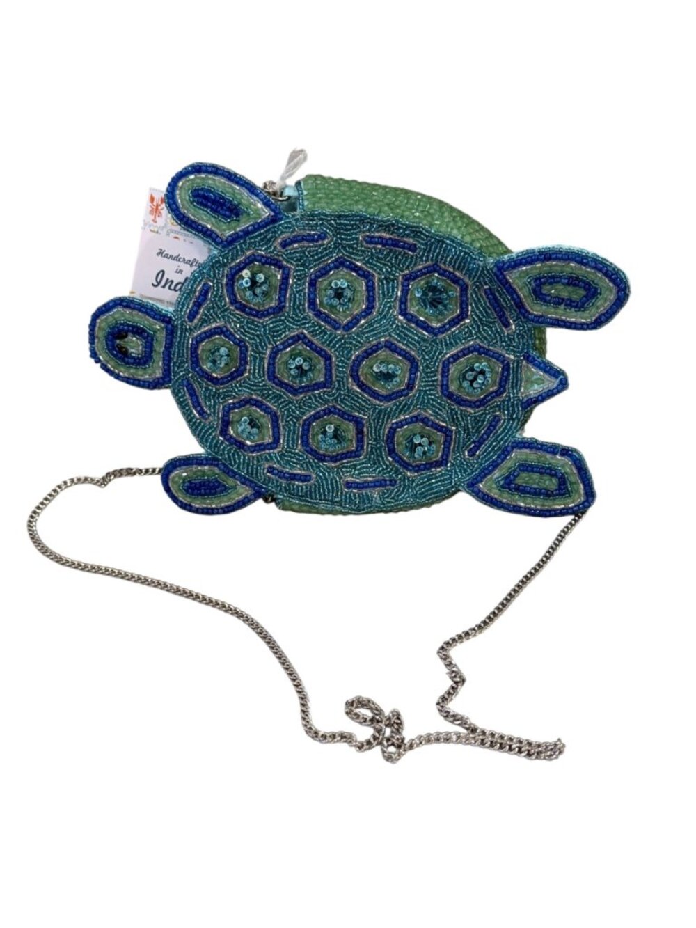 Handcrafted in India Blue Green Turtle Beaded Sequin Crossbody Bag NWT - Picture 2 of 5